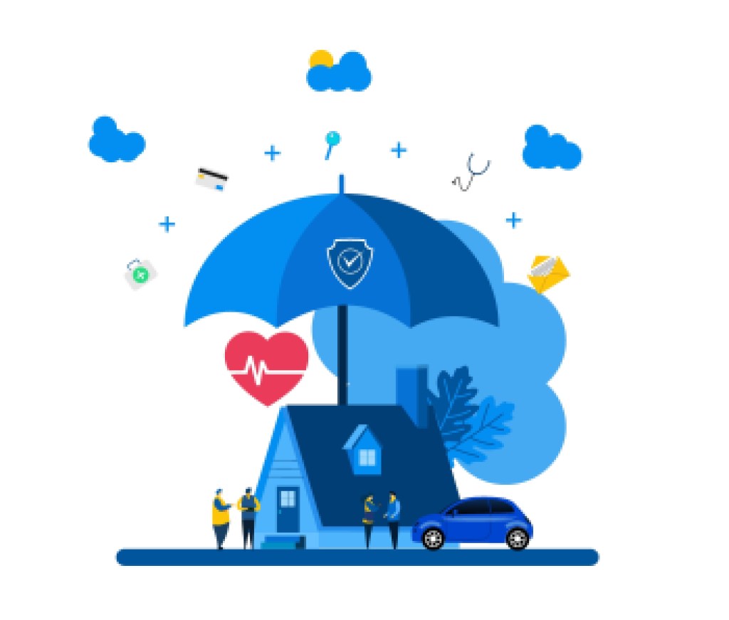 Property and health insurance with Tiny People Character Concept Vector Illustration, Suitable For web landing page, Wallpaper, Background, Card, banner, Book Illustration