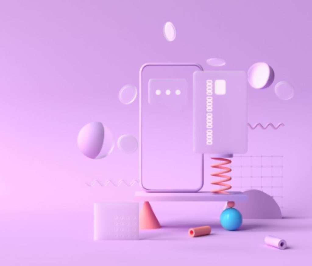 3D rendering payment via credit card concept. Secure online payment transaction with smartphone. Internet banking via credit card on mobile. geometric object floating background