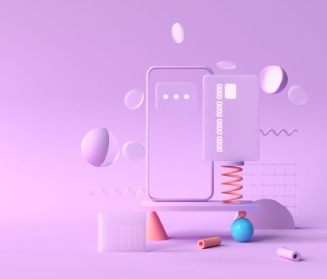 3D rendering payment via credit card concept. Secure online payment transaction with smartphone. Internet banking via credit card on mobile. geometric object floating background