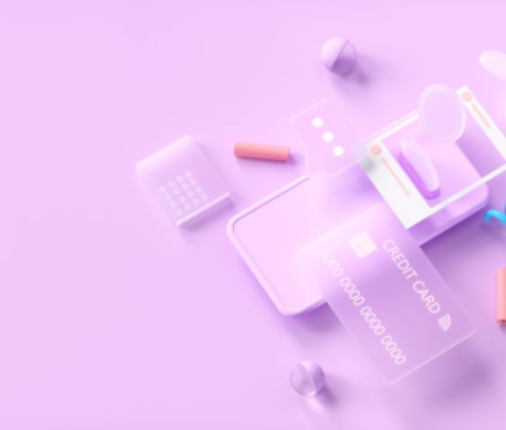 3D rendering online payment via credit card concept. Secure online payment transaction with smartphone. Internet banking via credit card on mobile. geometric object background.