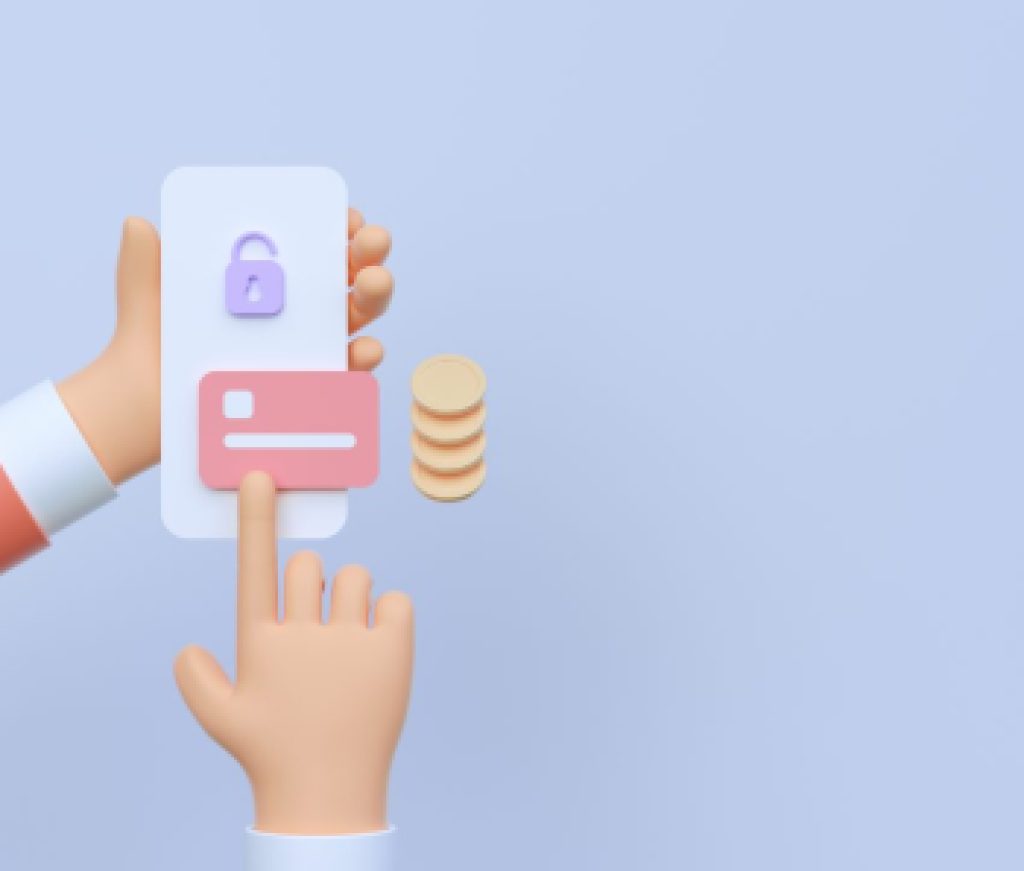 3D hand holding smartphone with online mobile banking and payment transaction