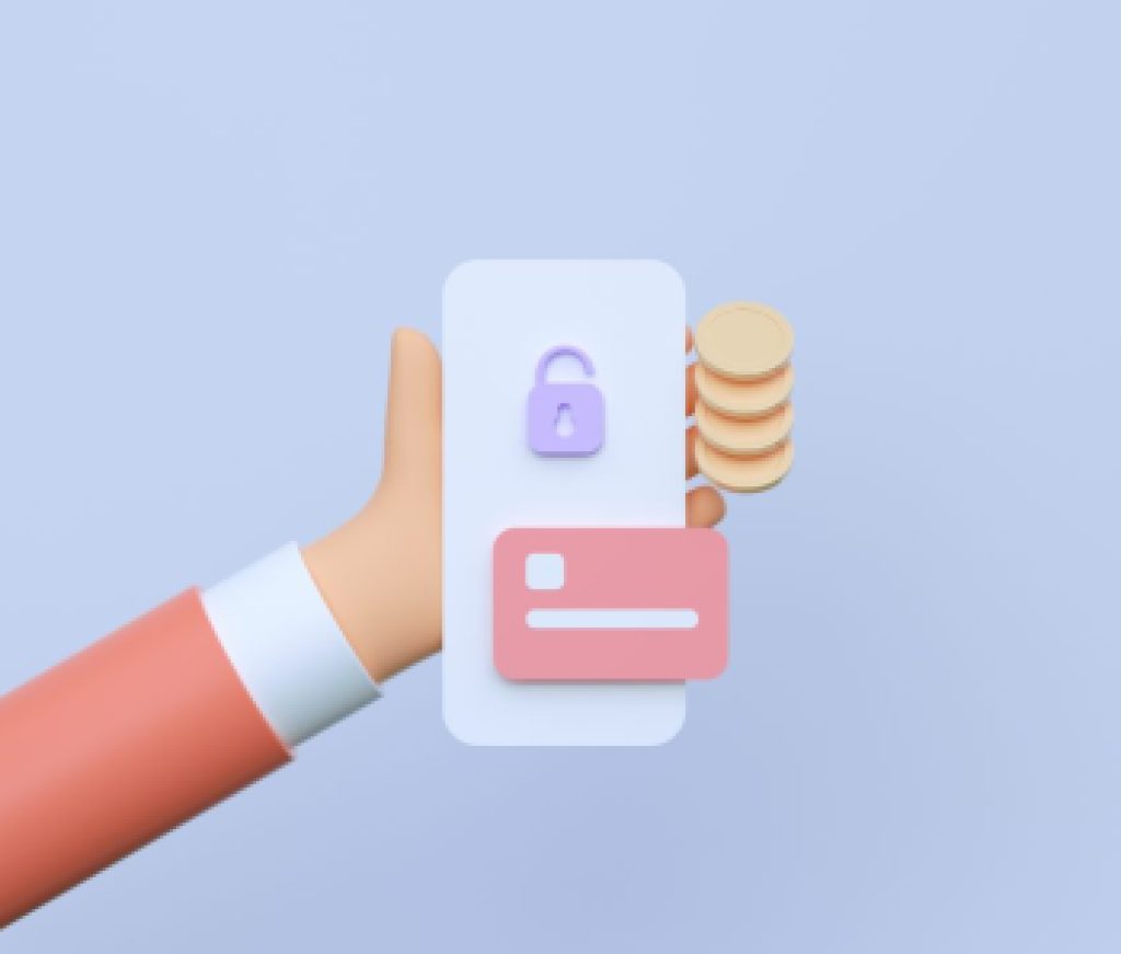 3D hand holding smartphone with online mobile banking and payment transaction