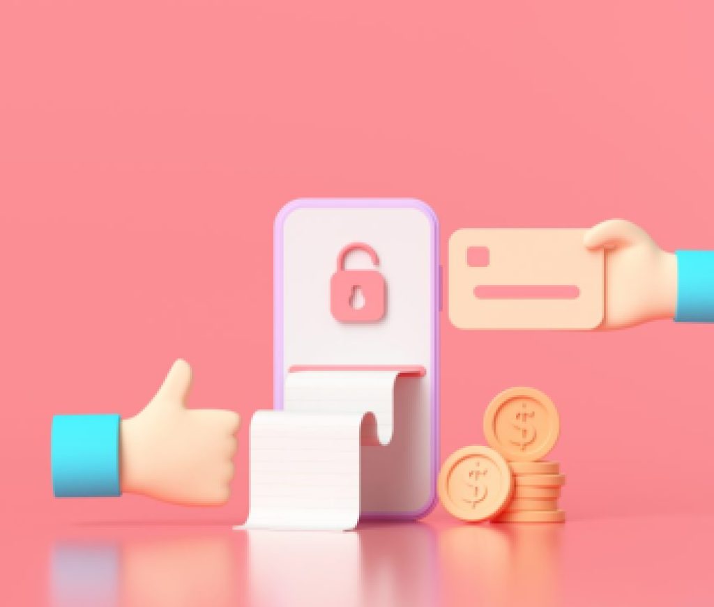 3D rendering payment via credit card concept. Secure online payment transaction with smartphone. Internet banking via credit card on mobile. object floating background.