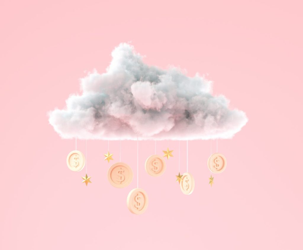 3D illustration Cloud with coins hanging for business and money saving concept, Minimal creative scene 3d render.