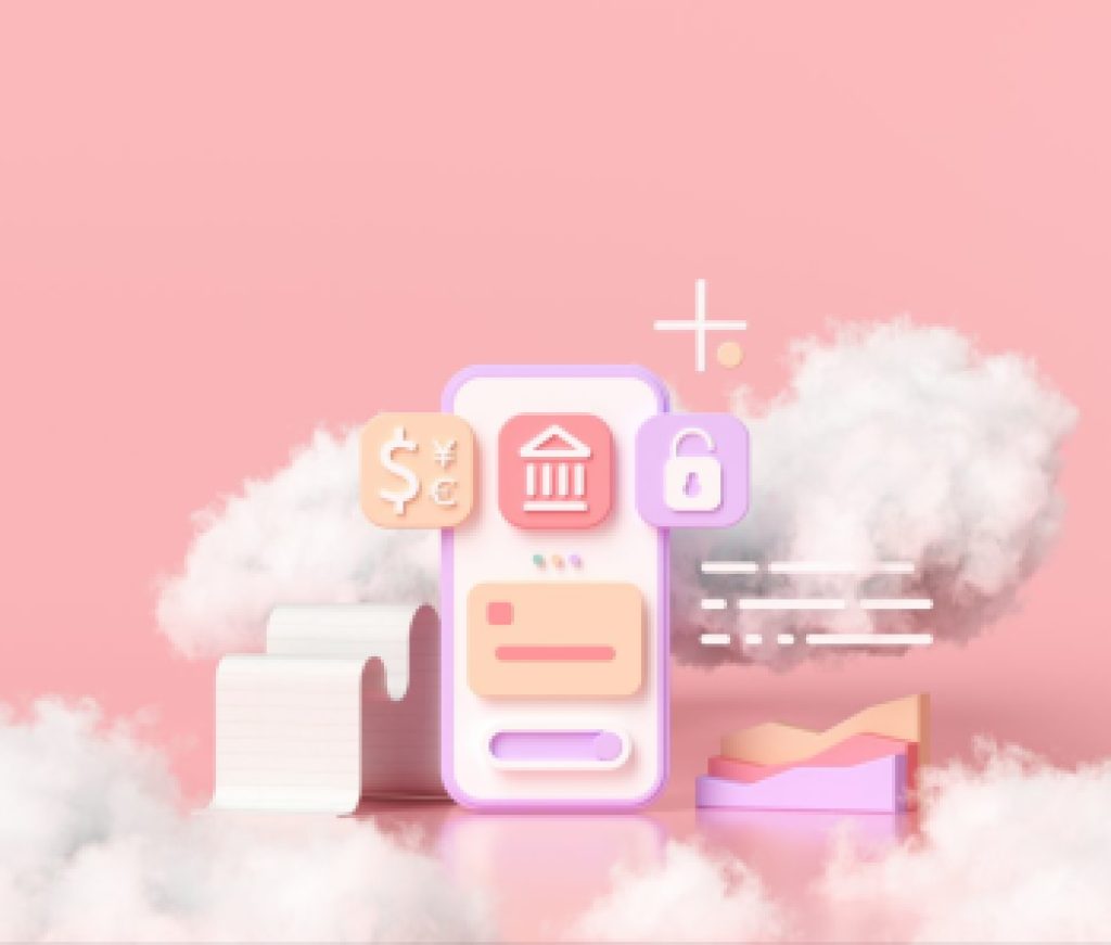 Cashless society, online mobile banking, and secure payment concept 3D cloud render illustration