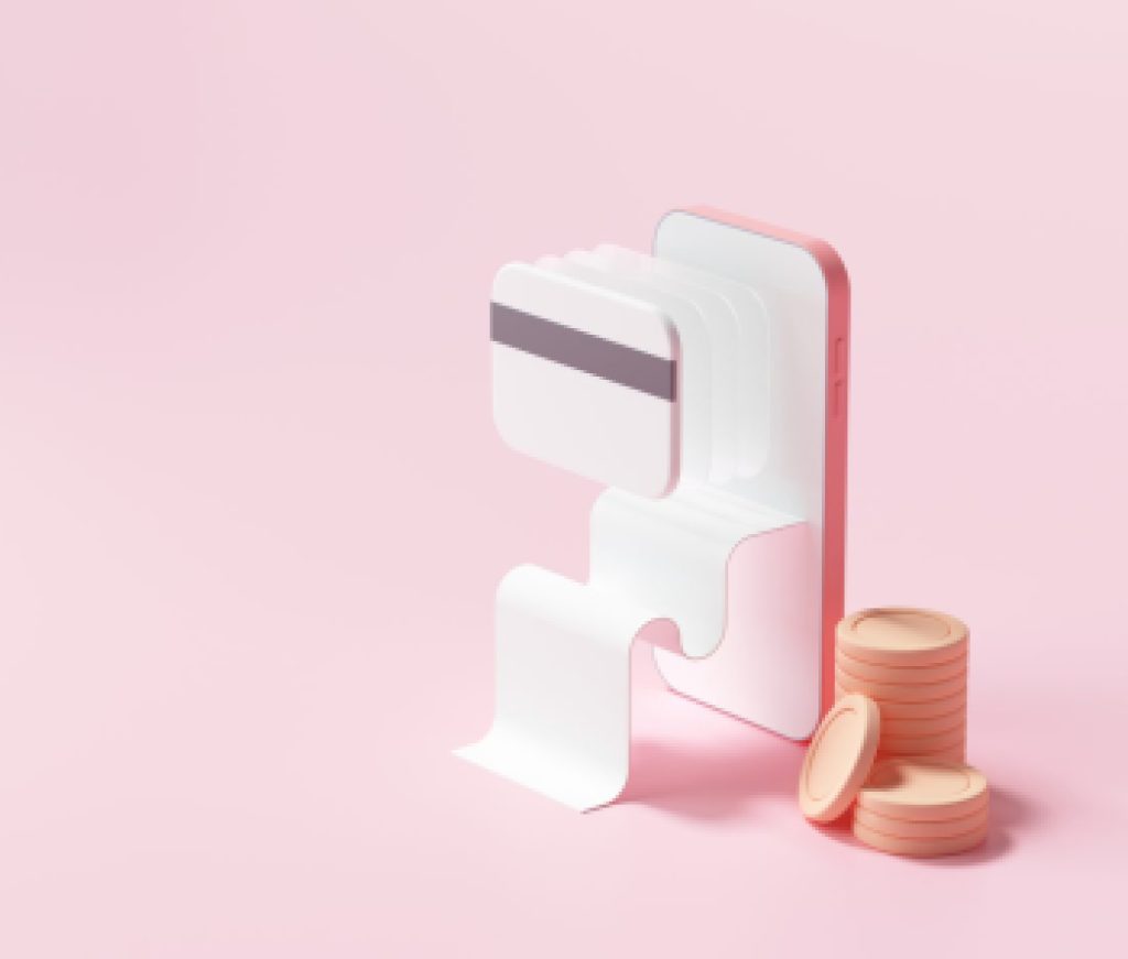 3D rendering payment via credit card concept. Secure online payment transaction with smartphone. Internet banking via credit card on mobile. object floating background.