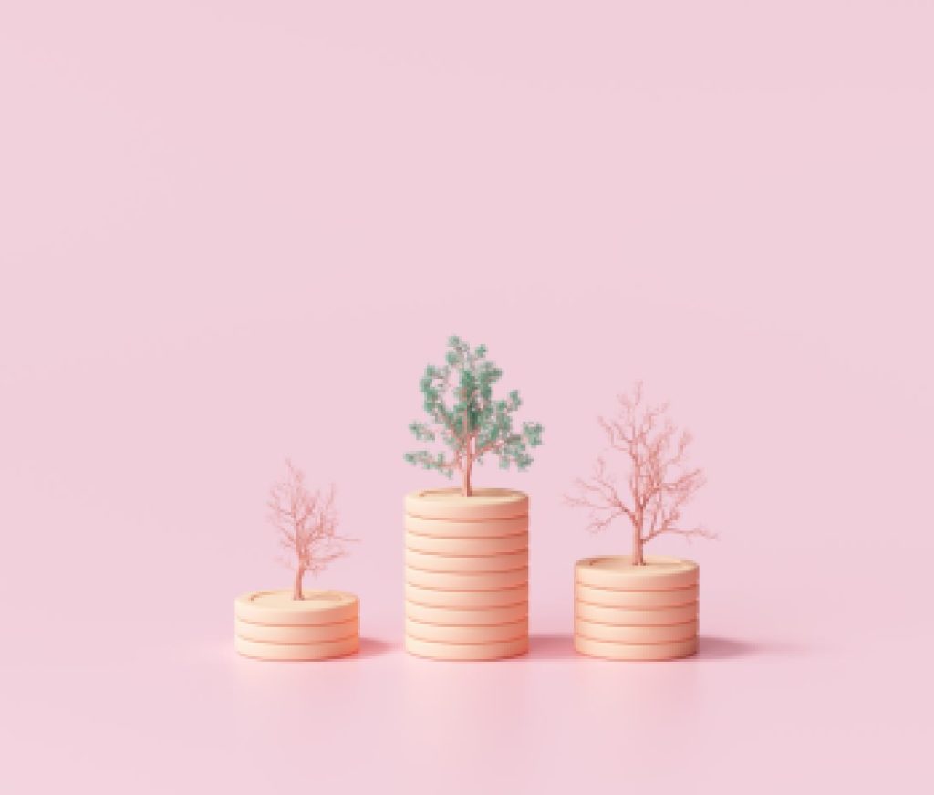 Minimal Coin stacks growing graph with trees on pink background. Growing trees on coin stacks, Business investment and saving money concept. 3d render illustration