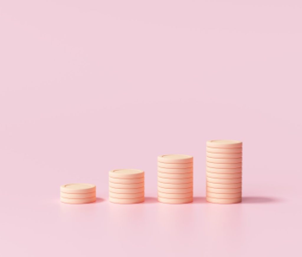 Minimal Coin stacks growing graph on pink background. Business investment and saving money concept. 3d render illustration