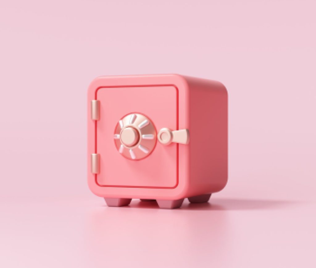 Red Safe box with gold coins stack font view on pink background. 3d render illustration