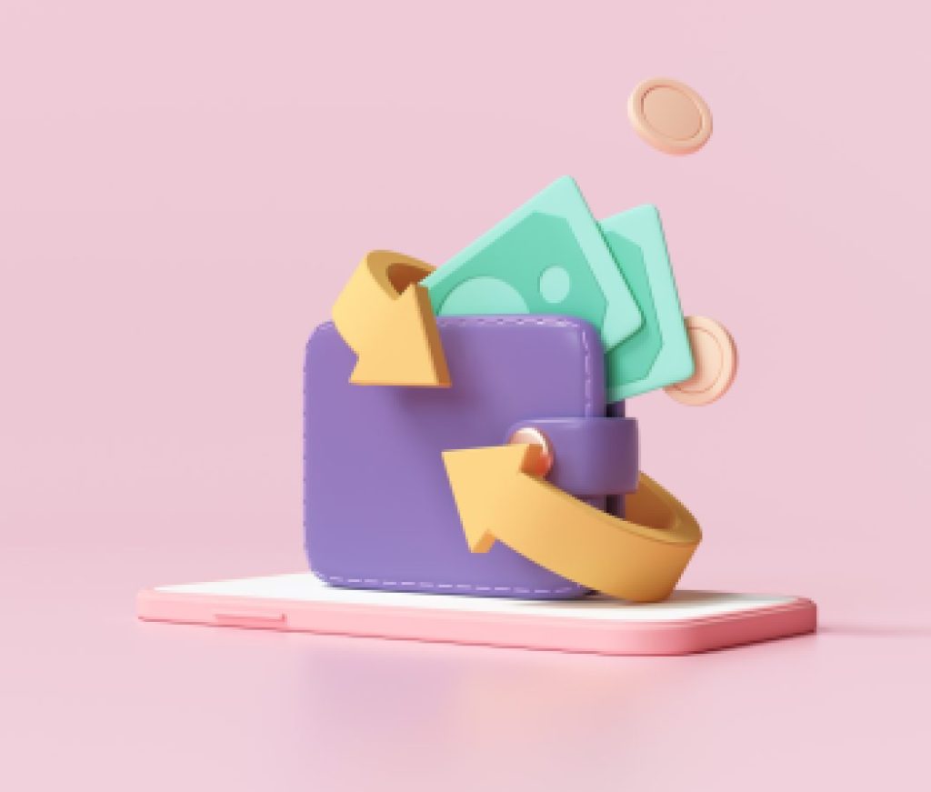 Cashback and money refund icon concept. Wallet, dollar bill and coin stack, online payment on pink background. 3d ender illustration