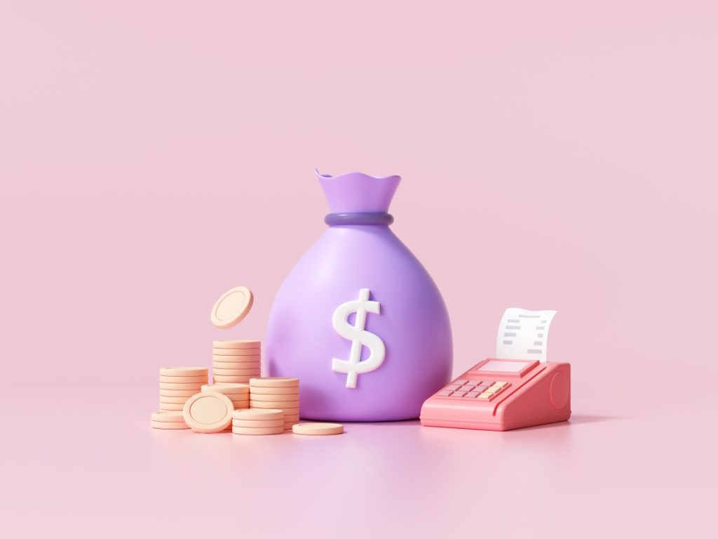 Money saving concept. money bag, coin stacks and pos terminal on pink background. 3d render illustration