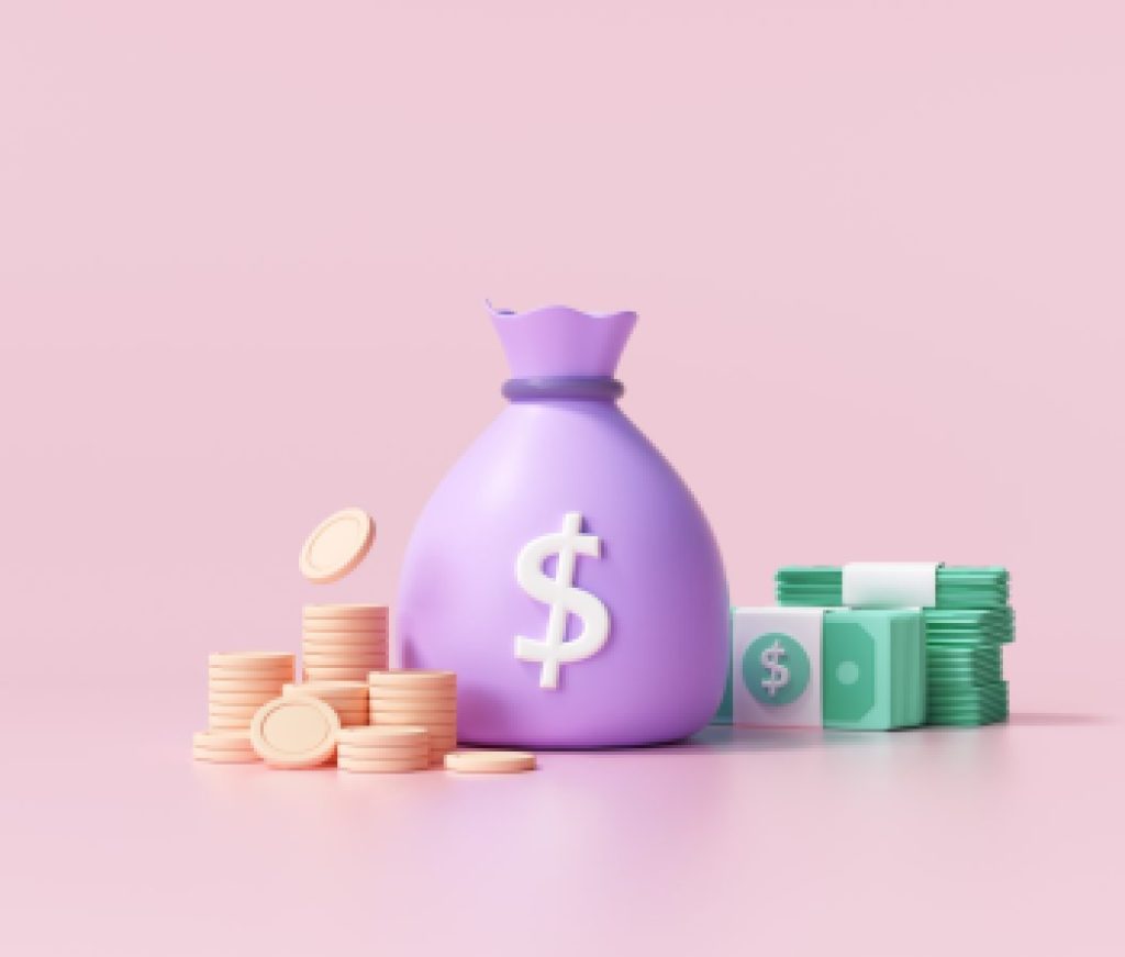3D Money concept. money bag, coins stack and banknotes. 3d render illustration