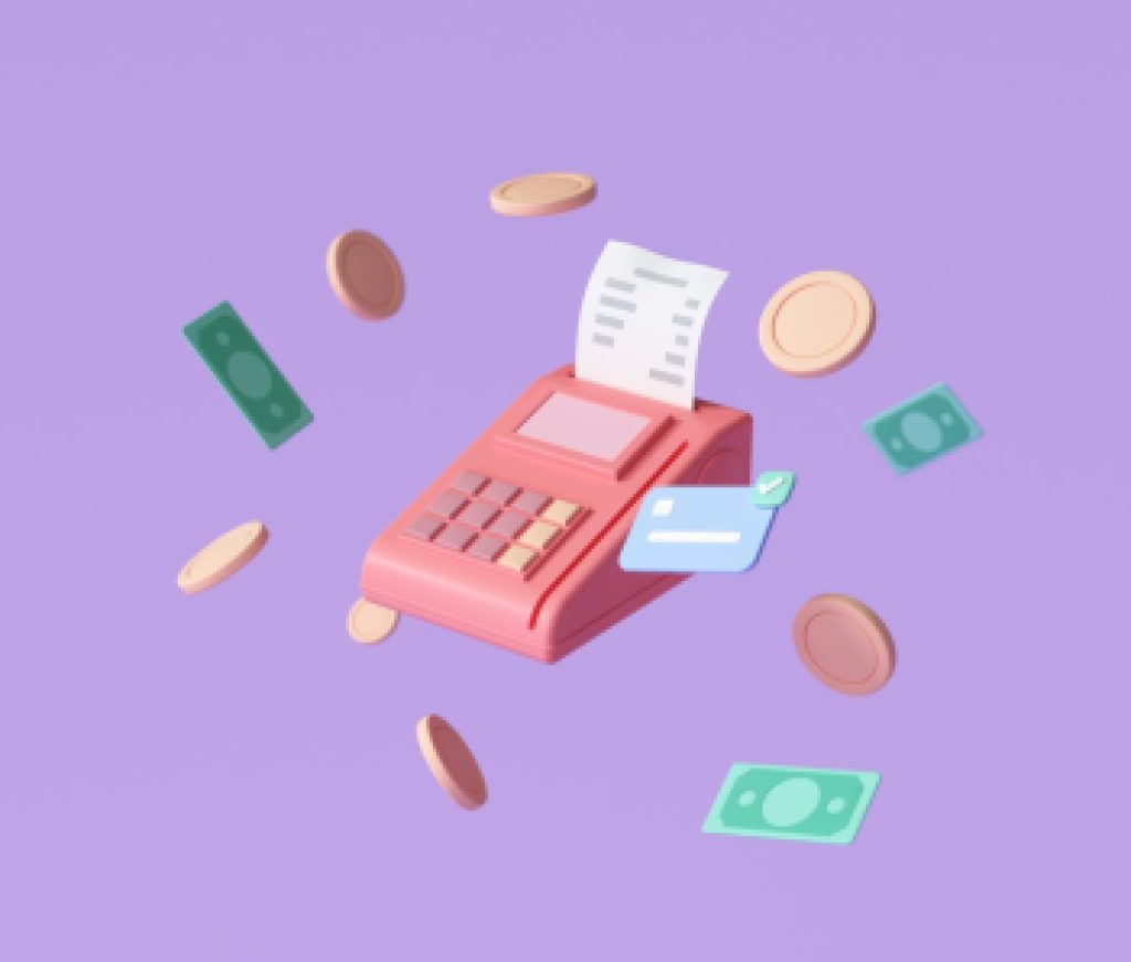 Payment concept credit card, payment terminal and banknotes floating coins around on purple background. money-saving, cashless society. 3d render illustration