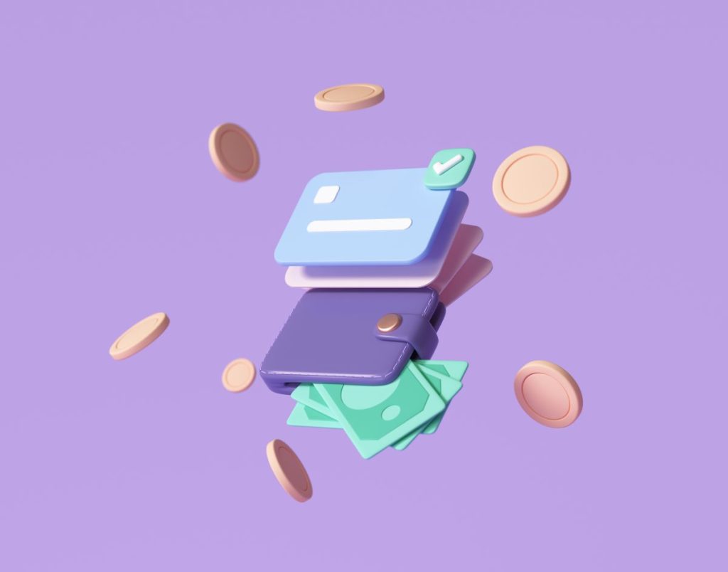 Credit card and banknotes, floating coins around on purple background. money-saving, cashless society concept. 3d render illustration