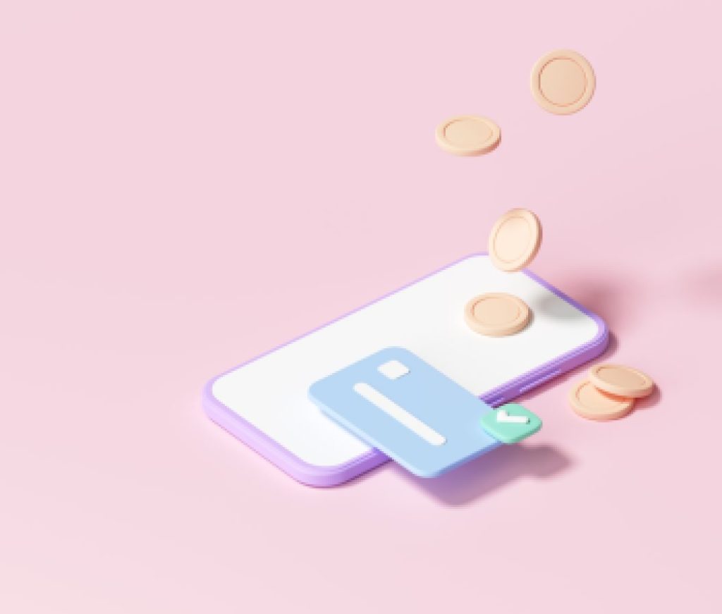 3D rendering payment via credit card concept. Secure online payment transaction with smartphone. Internet banking via credit card on mobile. object floating background.
