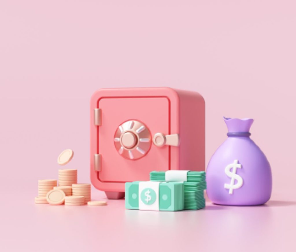 Red Safe box with coins and stacks of dollar cash font view on pink background. 3d render illustration