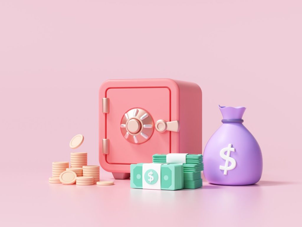 Red Safe box with coins and stacks of dollar cash font view on pink background. 3d render illustration