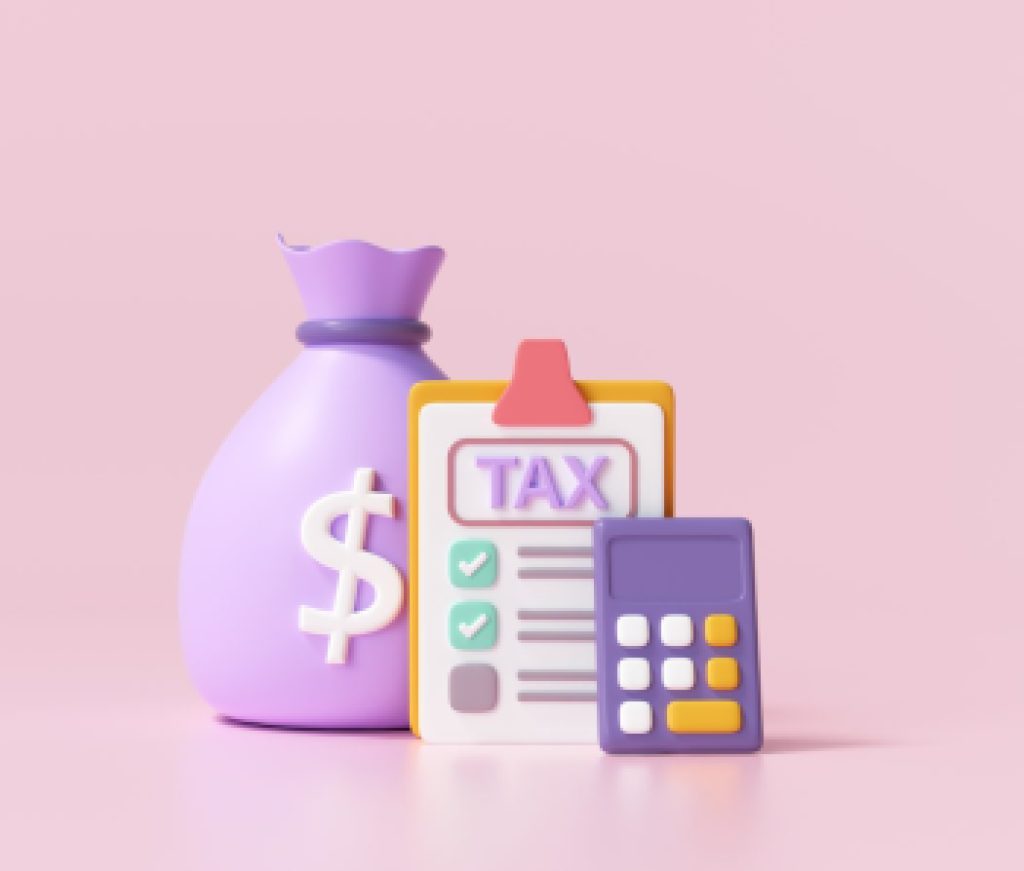 Tax payment and business tax concept. Money bags, calculator and tax form on pink background. 3d render illustration
