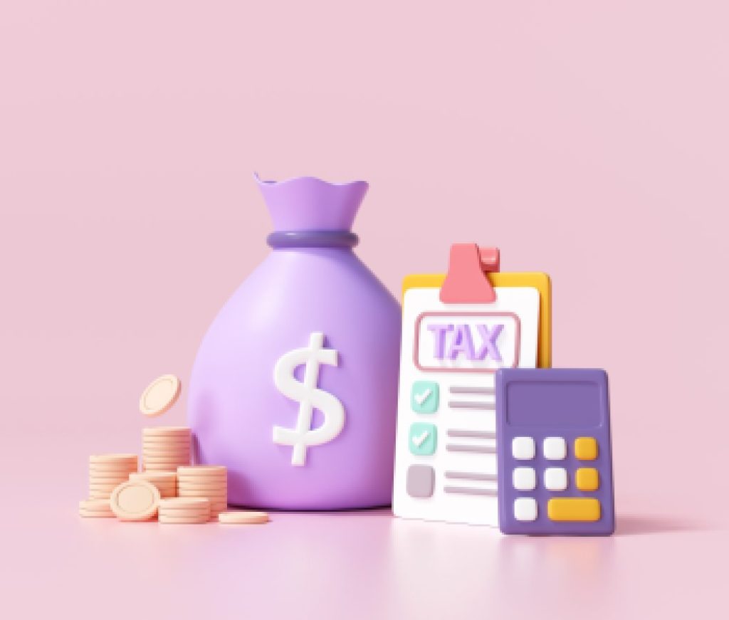Tax payment and business tax concept. Money bags, coins, calculator and tax form on pink background. 3d render illustration