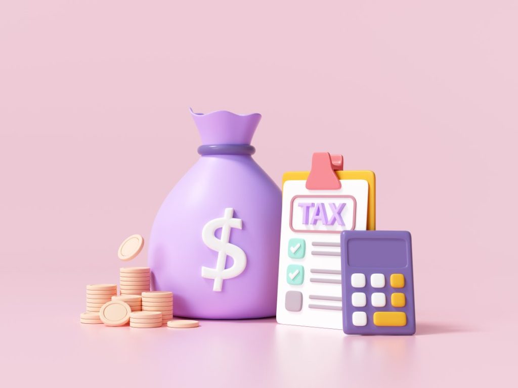 Tax payment and business tax concept. Money bags, coins, calculator and tax form on pink background. 3d render illustration