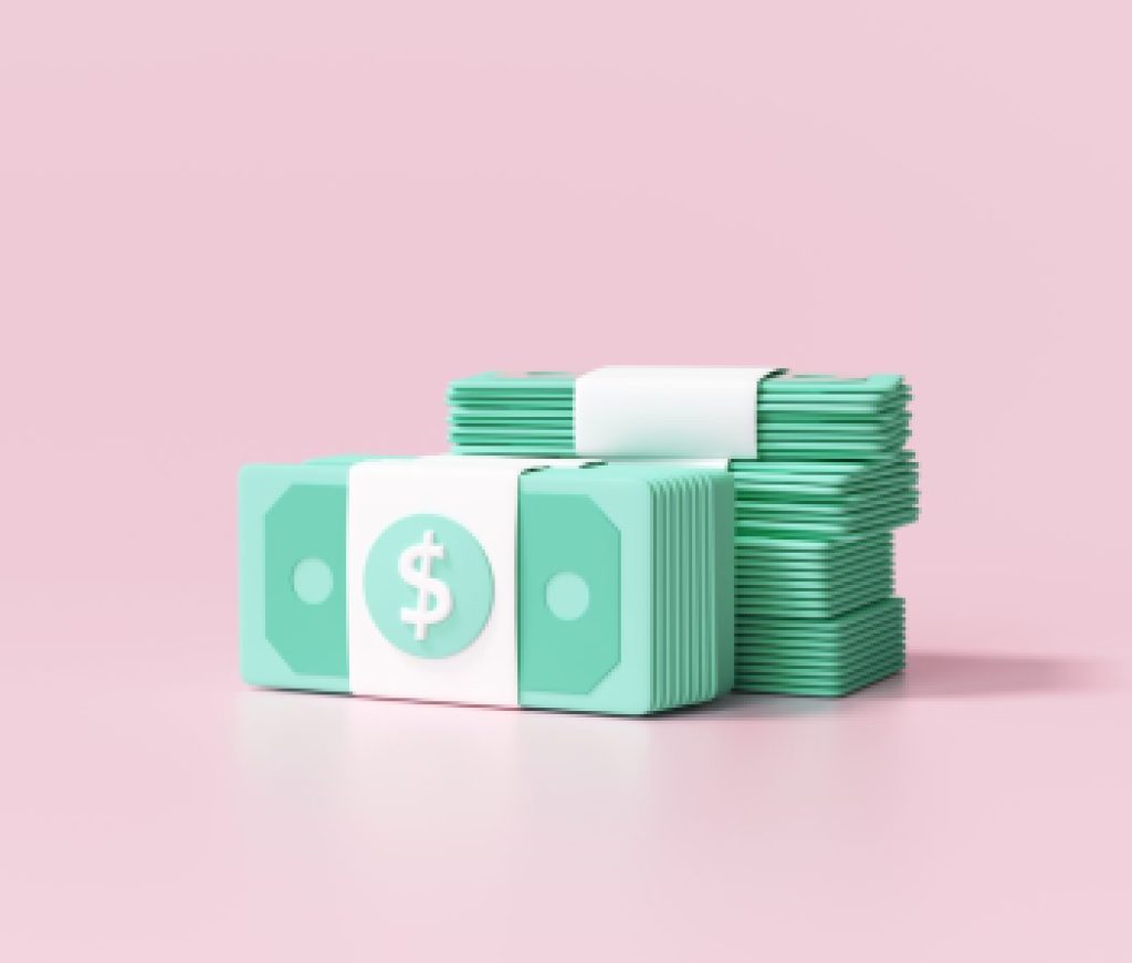 Bundle of money, banknote on pink background, business investment profit, money saving concept. 3d render illustration