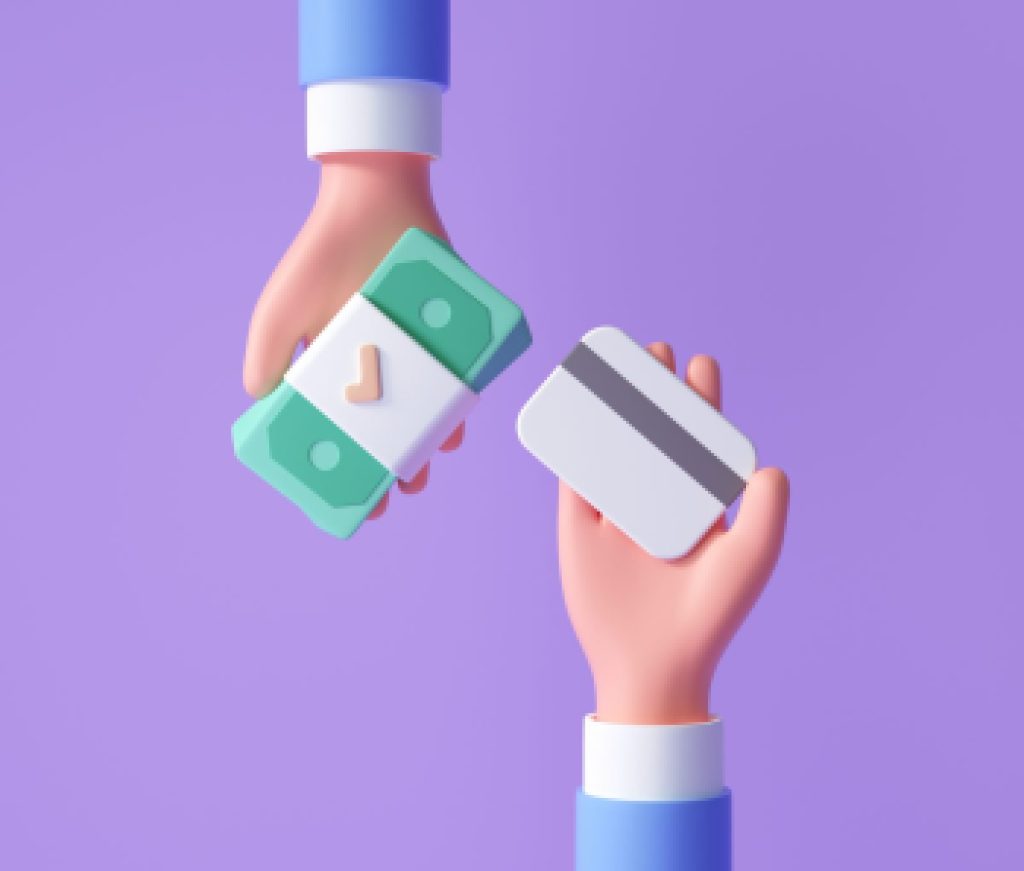 3d cartoon hand swap banknote and credit card for online payment concept. online buying, Cashless society. 3d render illustration