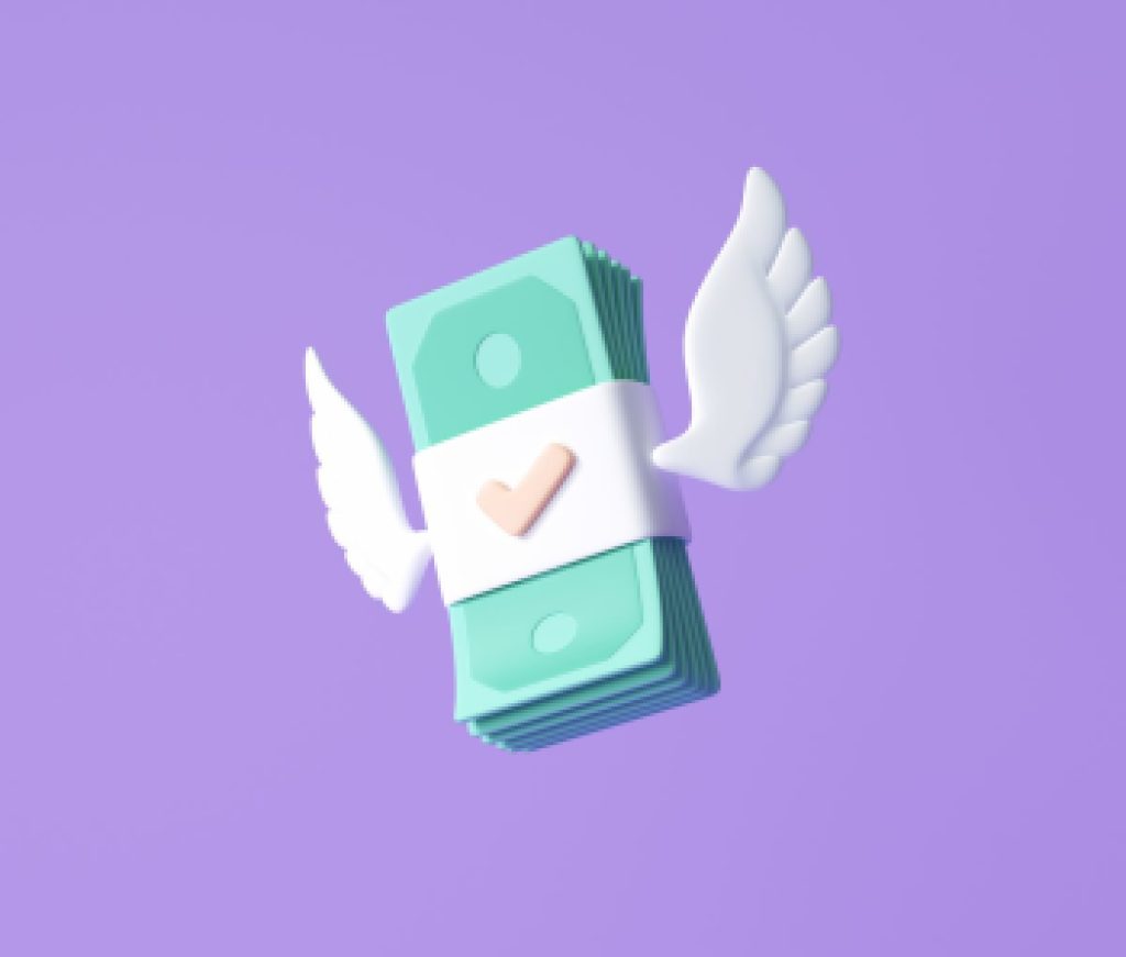 3D Flying stack of money on purple background. money spending, cashless society concept. 3d render illustration