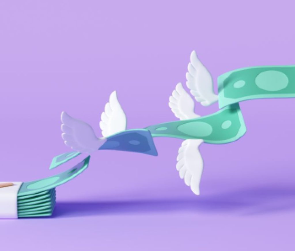3D Cash flying away, business finance management concept, money spending, money bundle. 3d render illustration