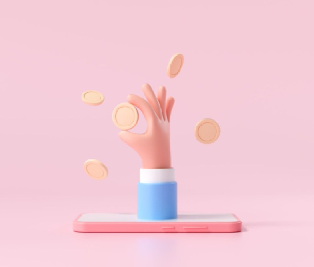 3D Closeup cartoon handhold coin on a smartphone, money-saving, online payment, and money investment concept. 3d render illustration