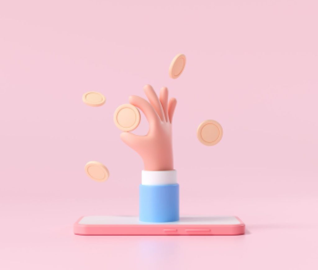 3D Closeup cartoon handhold coin on a smartphone, money-saving, online payment, and money investment concept. 3d render illustration