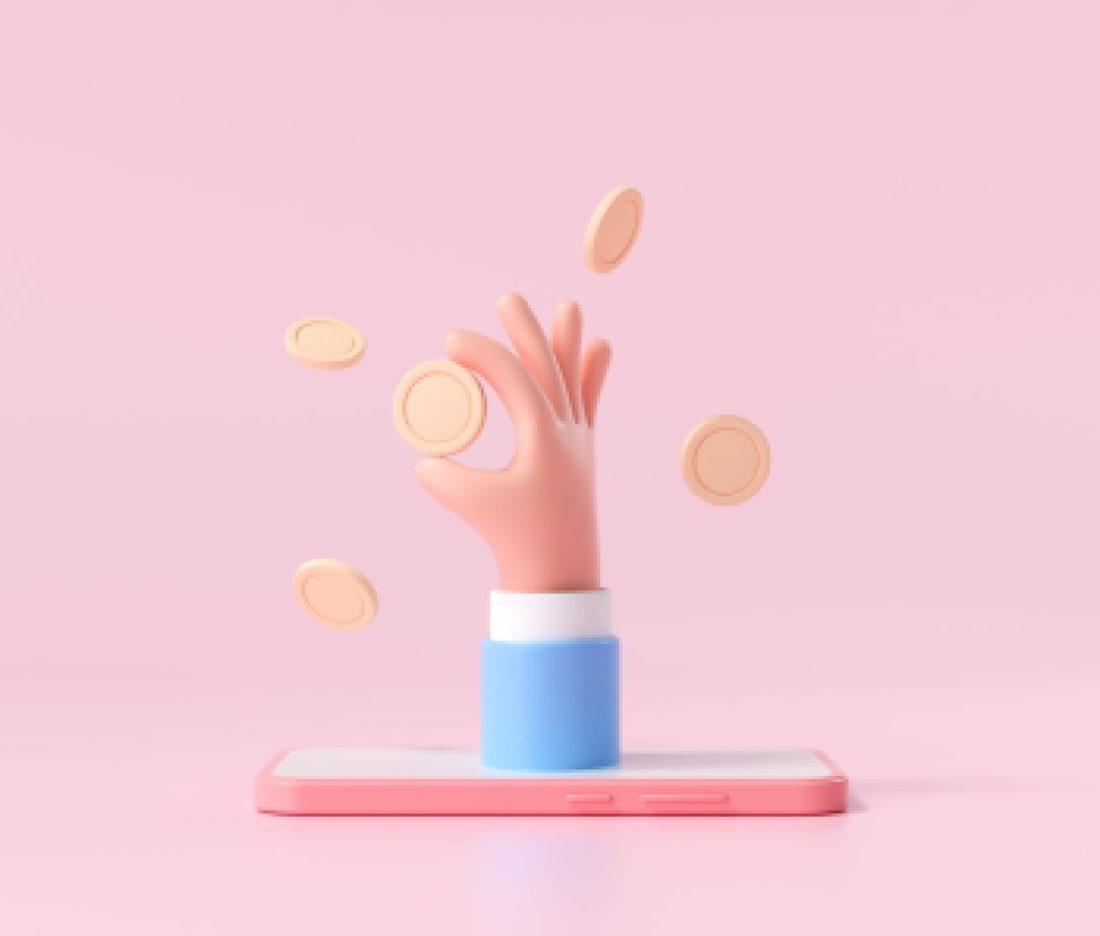 3D Closeup cartoon handhold coin on a smartphone, money-saving, online payment, and money investment concept. 3d render illustration