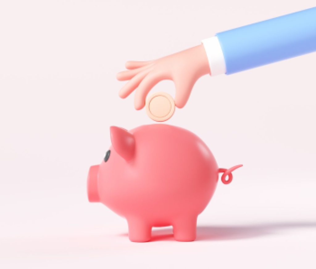 Cartoon Hand putting coin to piggy bank. 3d render illustration