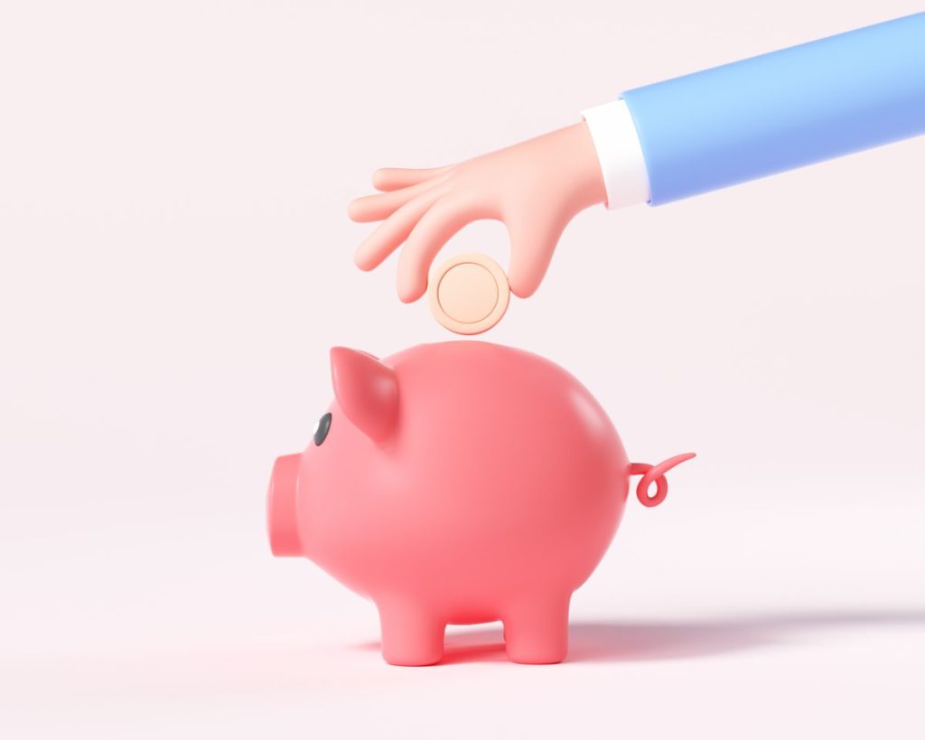 Cartoon Hand putting coin to piggy bank. 3d render illustration