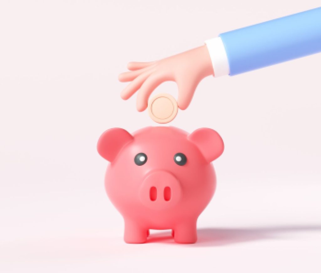 Cartoon Hand putting coin to piggy bank. 3d render illustration