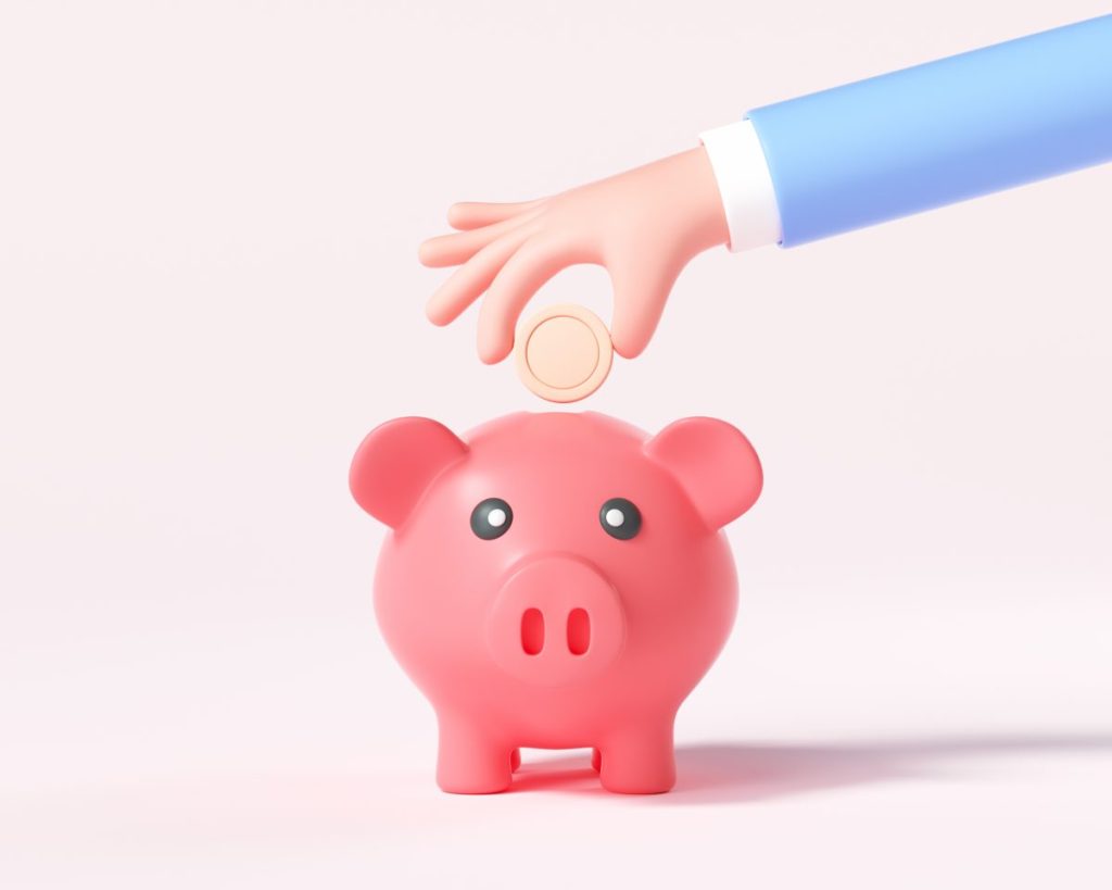 Cartoon Hand putting coin to piggy bank. 3d render illustration