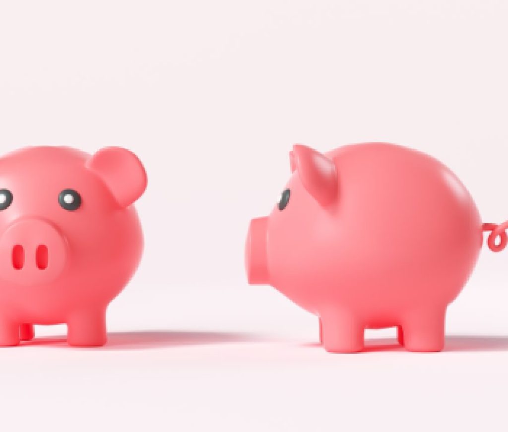 Two pink piggy bank front view and side view on pink background, money-saving concept. 3d render illustration