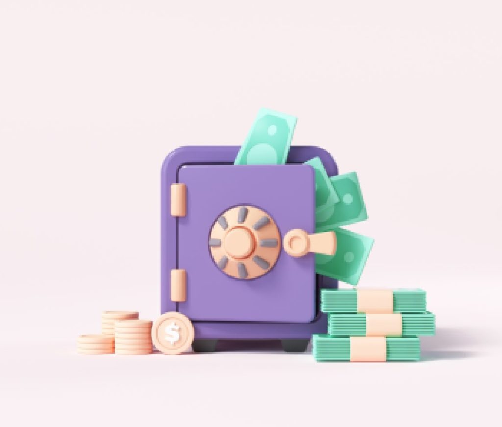 Vault or Safe box with coin stacks, bunch of money, money-saving, and stored money concept. 3d render illustration