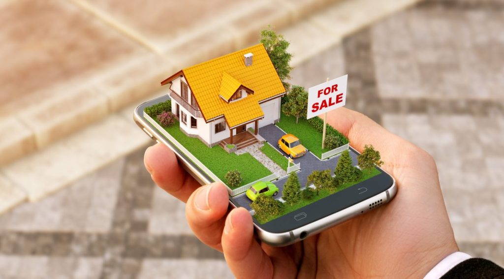 Smartphone application for online searching, buying, selling and booking real estate. Unusual 3D illustration of beautiful house on smart phone in hand